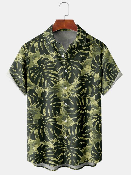 Leaf Camo Graphic Men's Casual Short Sleeve Chest Pocket Shirt, Army green, Men's Floral shirt