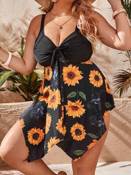 

JFN Sunflower Bow Knot Skirt Cover Belly Slim Split Tankini Plus Size, As picture, swimwear>>Tankinis