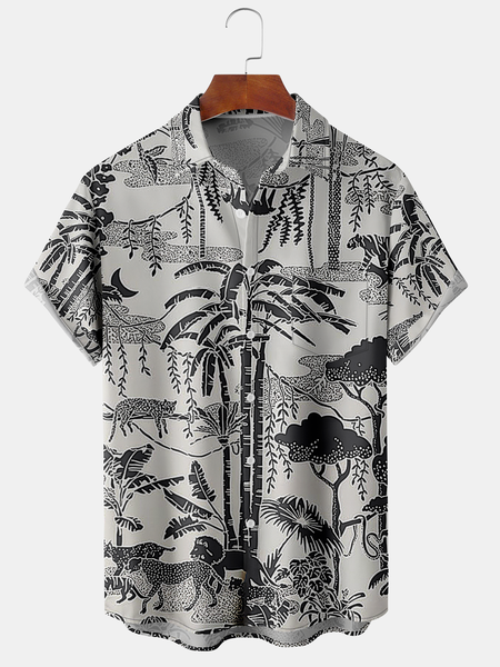 Men's Ocean Print Casual Fabric Fashion Pocket Lapel Short Sleeve Shirt, Black, Men's Floral shirt