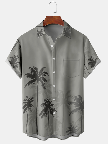 Men's Ocean Print Casual Fabric Fashion Pocket Lapel Short Sleeve Shirt, Gray, Men's Floral shirt