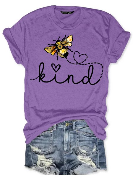 Womens Bee Kind Print Casual Cotton Short Sleeve T-Shirt, Purple, T-shirts