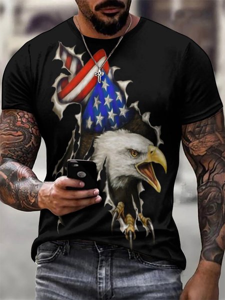 Mens American flag 3D Print Short Sleeve T-Shirt, Black, T-shirts