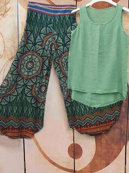 Tribal Cotton Vacation Two Piece Sets, Green, Suits