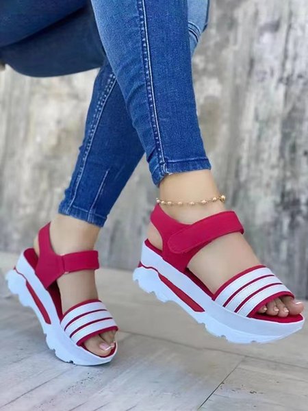 JFN Striped Platform Velcro Sports Sandals, Red, Sandals