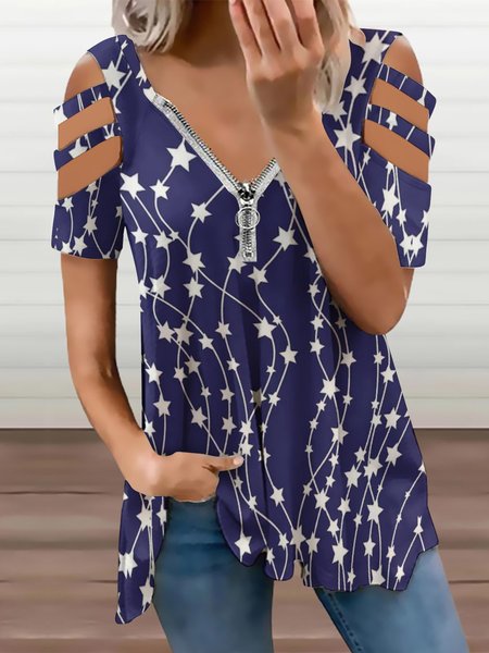 V Neck Loosen Short Sleeve Tops, As picture, Blouses