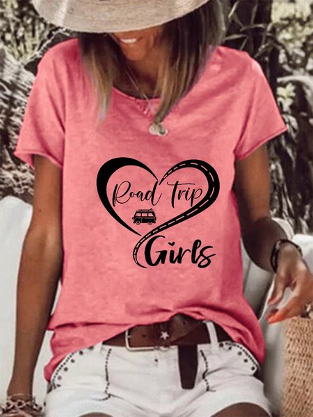 Girls Road Trip Loosen Casual Short Sleeve T-Shirt, Pink, T-shirts