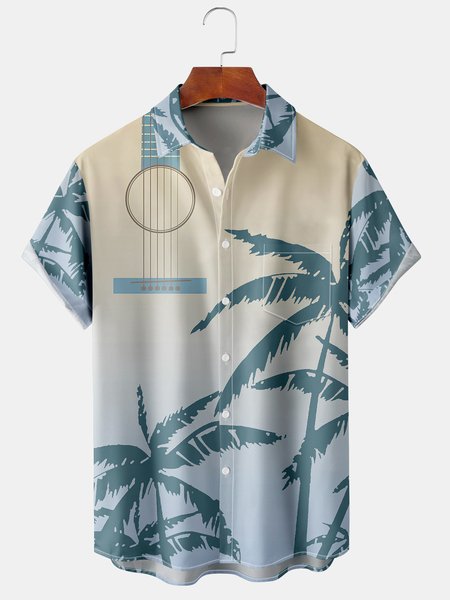 Men's Floral Print Casual Fabric Fashion Pocket Lapel Short Sleeve Shirt, Blue, Men's Floral shirt