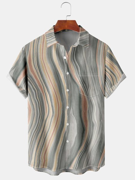 Men's Striped Casual Short Sleeve Hawaiian Shirt with Chest Pocket, Gray, Men's Floral shirt