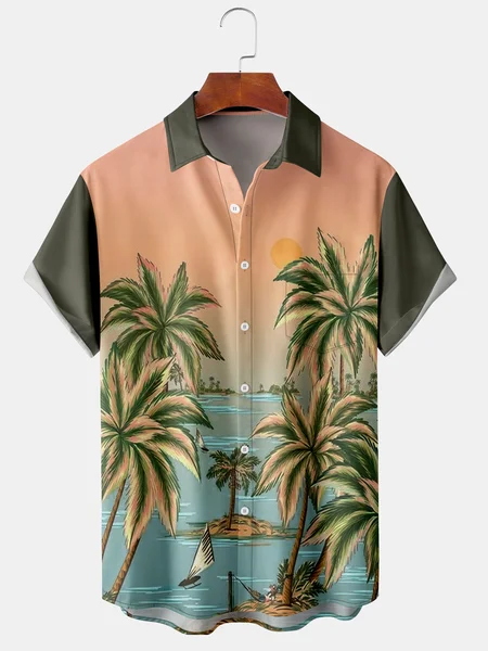 Men's Ocean Print Casual Fabric Fashion Pocket Lapel Short Sleeve Shirt, Black, Men's Floral shirt