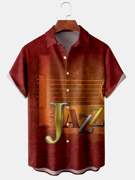 Men's Music Print Casual Breathable Hawaiian Short Sleeve Shirt, Red, Men's Floral shirt