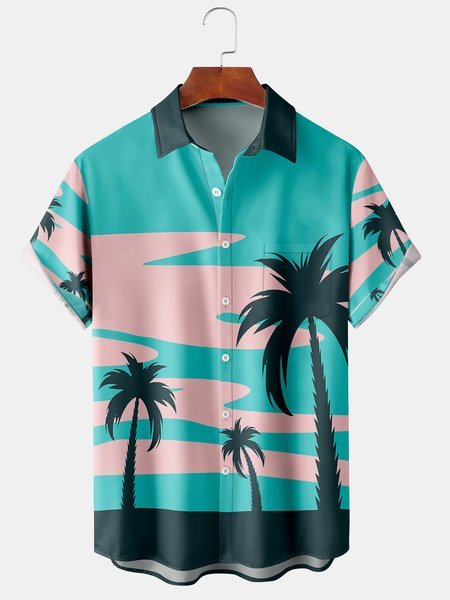 Men's Ocean Print Casual Fabric Fashion Hawaiian Lapel Short Sleeve Shirt, Green, Men's Floral shirt
