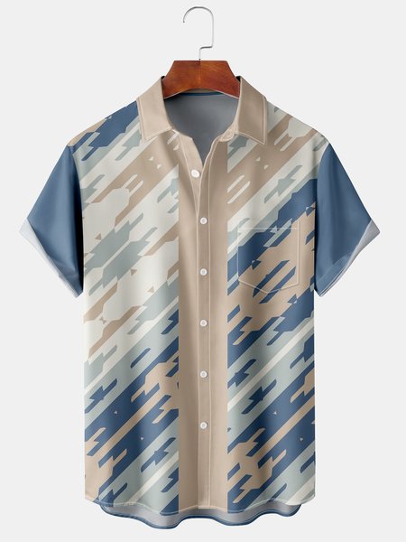 Men's Striped Print Casual Short Sleeve Hawaiian Shirt with Chest Pocket, Blue, Men's Floral shirt