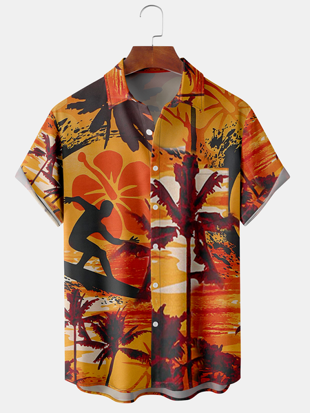 Men's Surf Floral Print Casual Fabric Fashion Pocket Hawaiian Lapel Short Sleeve Shirt, Yellow, Men's Floral shirt