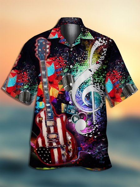 Men's Music Floral Print Casual Fabric Fashion Hawaiian Collar Short Sleeve Shirt, Black, Men's Floral shirt