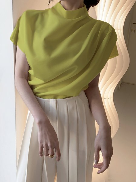 White Daily Plain Simple Short Sleeve Top, Yellow, Blouses and Shirts