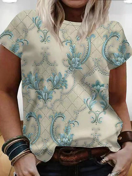 Casual Regular Fit Tribal Short sleeve Crew Neck T-Shirt, Apricot, T-Shirts