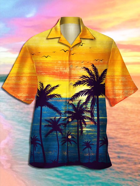 Men's Coconut Tree Print Casual Breathable Hawaiian Short Sleeve Shirt, Yellow, Men's Floral shirt