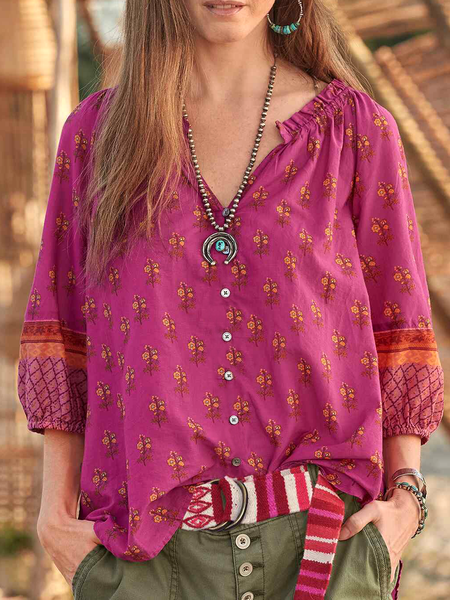 Floral Ethnic Pattern Lantern Sleeve Top, Rose red, Blouses & Shirts