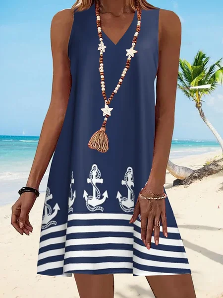 

JFN V Neck Stripe Geometric Beach Vacation Anchor Casual Mini Dress, Deep blue, Dresses