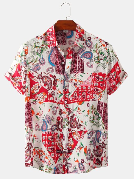 Cotton And Linen Holiday Leisure Short-sleeved Shirt, As picture, Men's Floral shirt