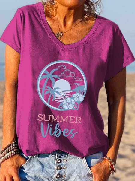 Summer Vibes Casual Vacation V-neck T-shirt, Rose red, T-shirts