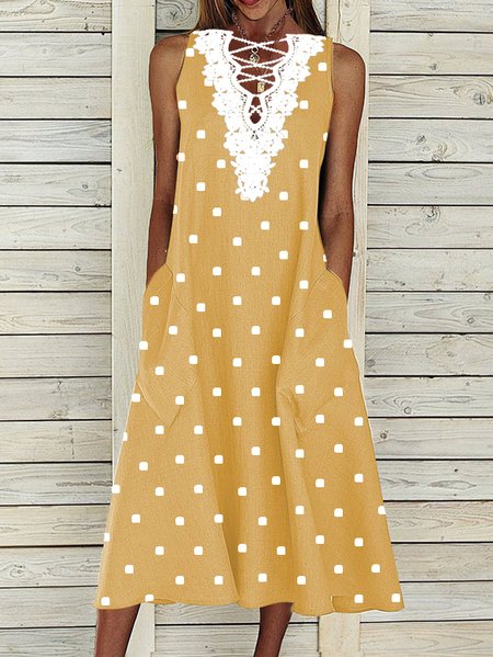 Regular Fit V Neck Polka Dots Dresses, Yellow, Dresses