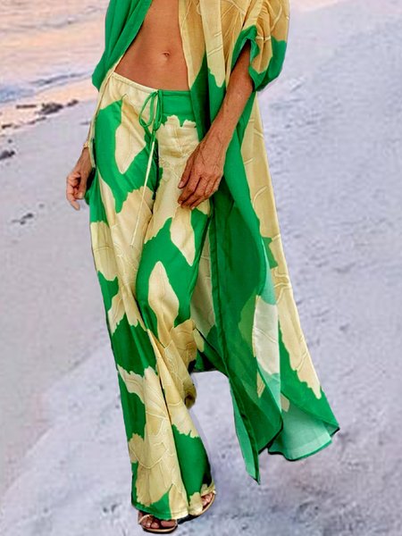 Loosen Vacation Wide Leg Long Pants, Green, Bottoms