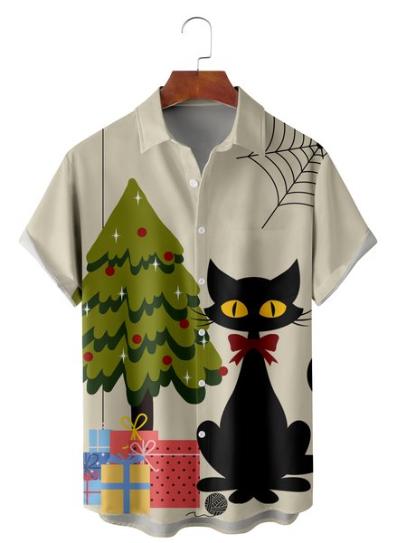 Men's Holiday Gift With Chest Pocket Art Cat Short Sleeve Hawaiian Shirt, Apricot, Men's Floral shirt