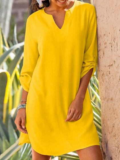 Casual Plain V Neck Regular Fit Long Sleeve Dresses, Yellow, Dresses