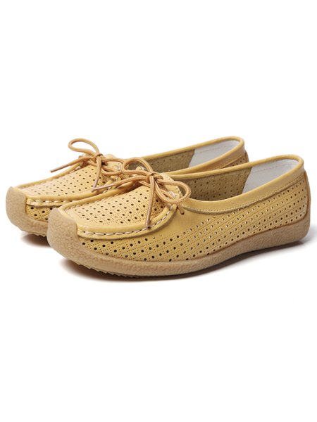 JFN Hollow Breathable Simple Lace Up Soft Shoes, Yellow, Flats