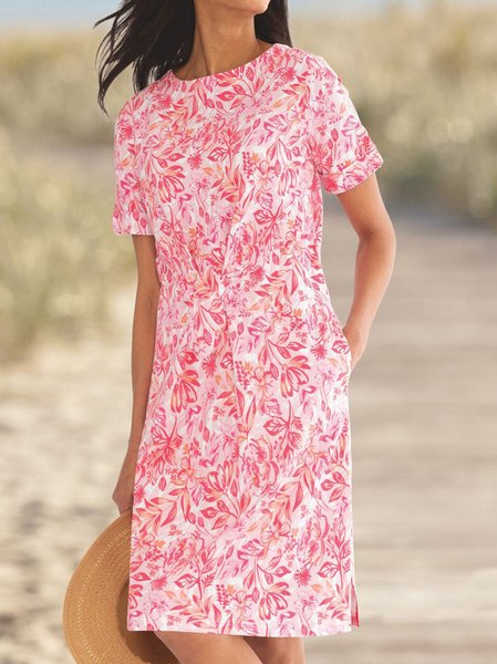Floral V Neck Dresses, Pink, Midi Dresses