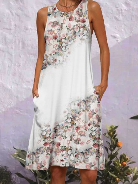 Floral Crew Neck Casual Sleeveless Woven Dresses, White, Dresses