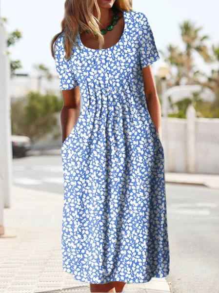 Leaves Regular Fit Casual Dresses, Blue, Midi Dresses
