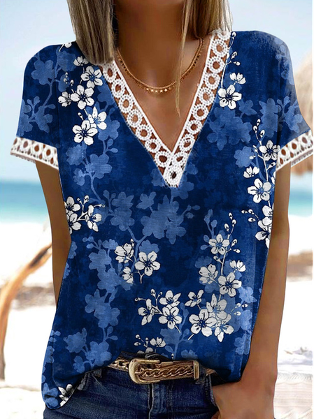 V Neck Casual Lace Floral T-Shirt, Dark blue, T-Shirts