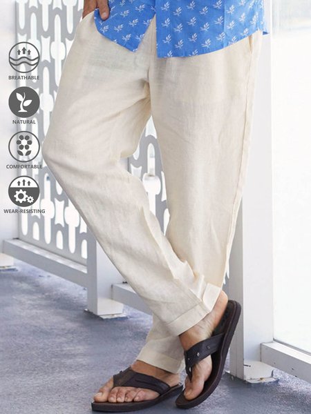Cotton and Linen Plain Hawaiian Casual Trousers, Apricot, Men's pants