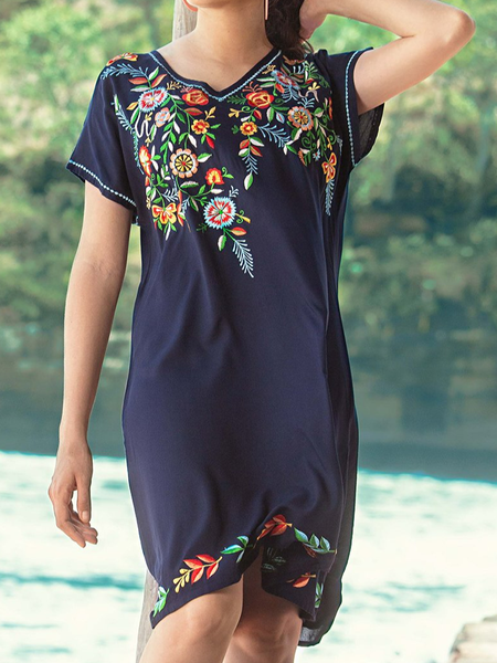 Tribal Floral Regular Fit Casual Vacation V Neck Dresses, Black, Mini Dresses