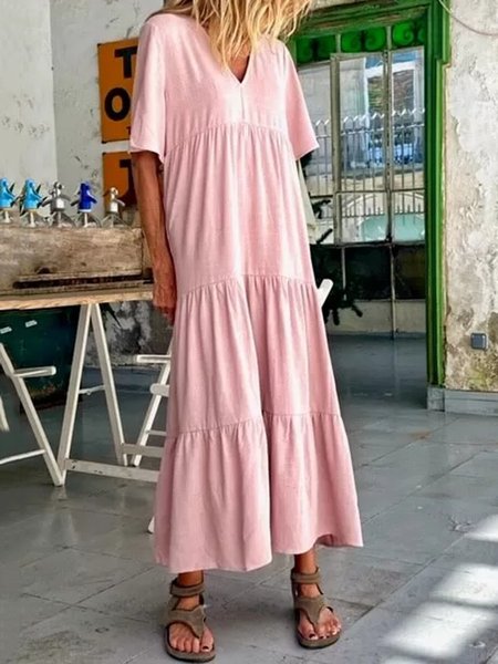 Casual Plain Short Sleeve Dresses, Pink, Maxi Dresses