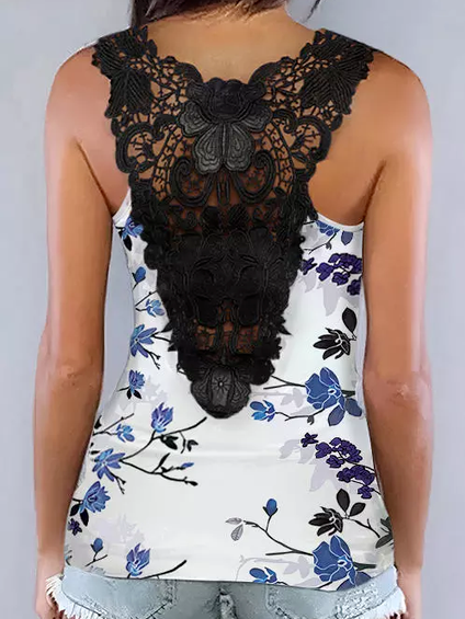 Casual Floral Cotton Blends Tanks & Camis, White, Tanks & Camis