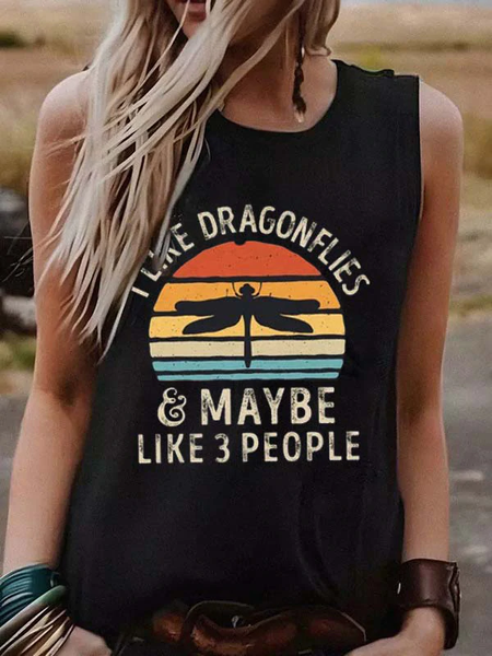 Regular Fit Casual Dragonfly Tops, Black, Tanks & Camis