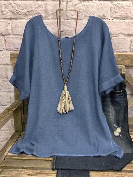 Crew Neck Short Sleeve Tops, Blue, T-Shirts