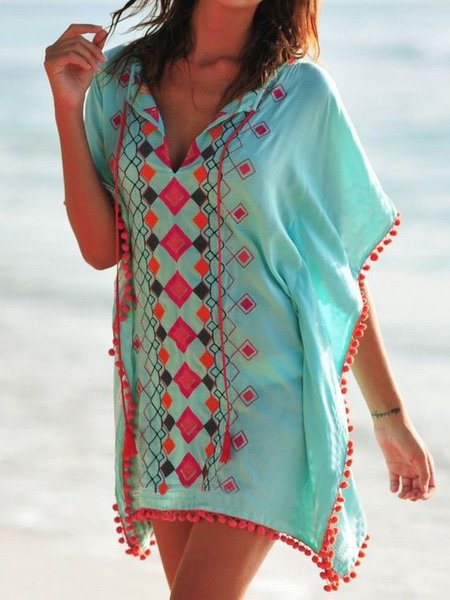 Crew Neck Loosen Geometric Tops, Green, Shirts & Blouses