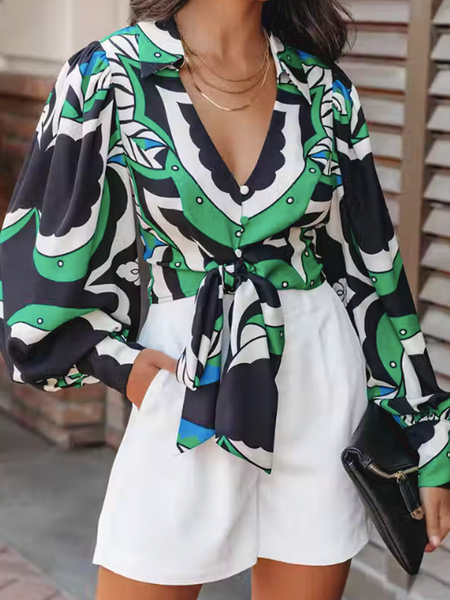 Summer V neck Long sleeve Lightweight Vacation Tops, Green, Tops