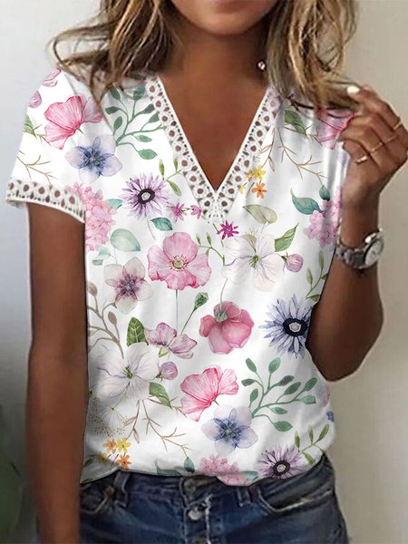 Floral Design Lace Panel Short Sleeve Top, White, T-Shirts