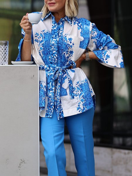 Shirt Collar Loosen Printed Daily Blouse, Blue, Blouses and Shirts