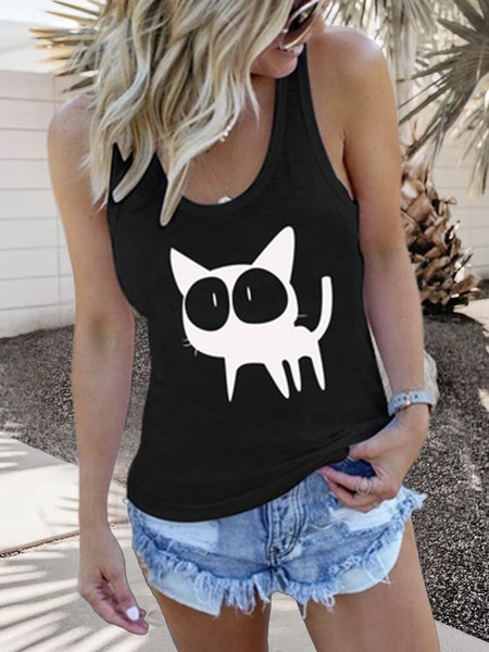 Cute Pattern Crew Neck Casual Tanks & Camis, Black, Tanks & Camis
