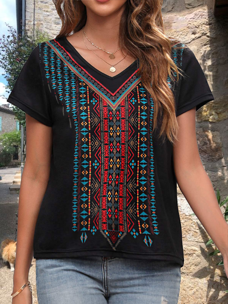 Striped V Neck Boho Tops, Black, T-Shirts