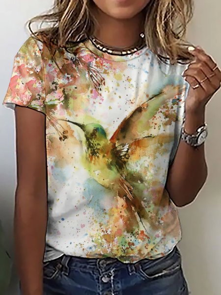 Casual Abstract Bird Print Crew Neck T-Shirt, As picture, T-shirts 
Casual Abstract Bird Print Crew Neck T-Shirt, As picture, T-shirts