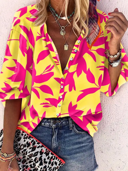 Leaf Print Lantern Sleeve Button Down Shirt, Multicolor, Shirts & Blouses