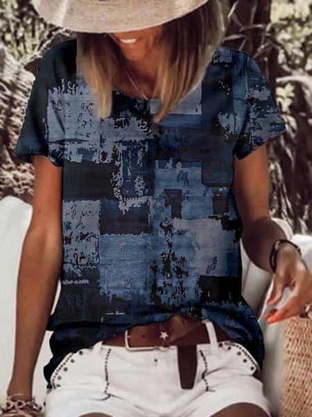 JFN Geometric Boho Crew Neck Casual Color Block T-shirt/Tee, Blue, Shirts & Blouses