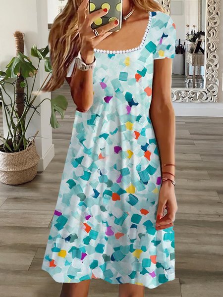 Geometric Printed Casual Square Neck Short Sleeve Mini Dress, Green, Dresses
Geometric Printed Casual Square Neck Short Sleeve Mini Dress, Green, Dresses